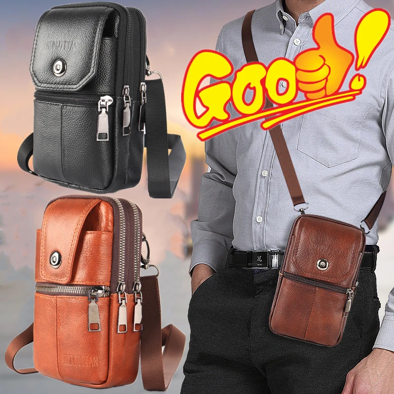 

Newest Men's Messenger Bag Cowhide Leather Bag Mobile Phone Pouch Men Wallet Small Travel Waist Bag Male Multi-Pockets Chest Bag