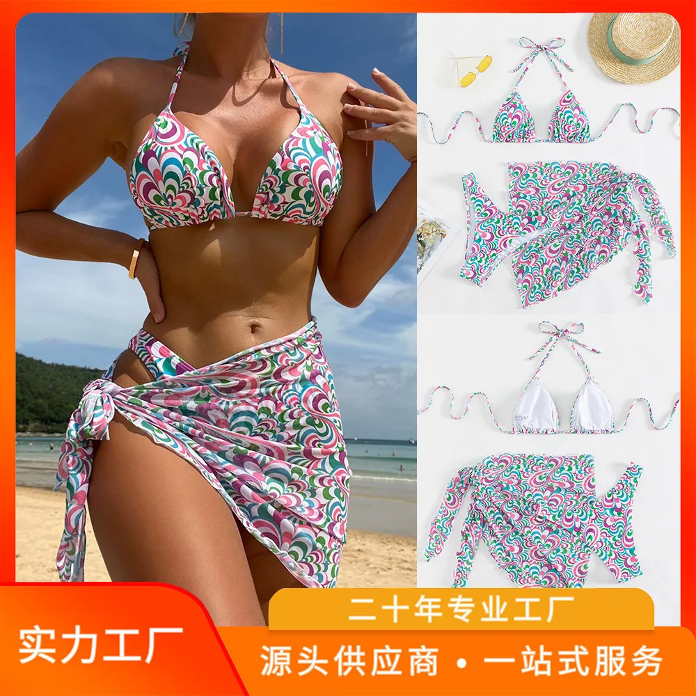 Bikini estampado de cintura alta para mujer, traje de baño Sexy de 3 piezas, ropa de playa de verano, 2024