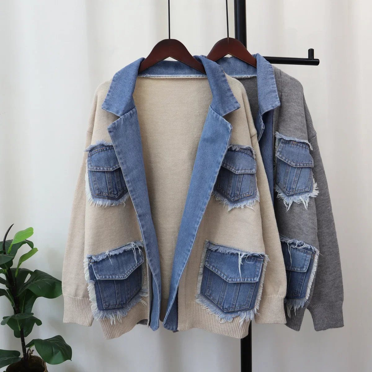 Spring Women Casual Frayed Burrs Cowboy Pocket Stitching Suit Jacket Loose Denim Notched Collar Long Sleeve Female Blazers Coat