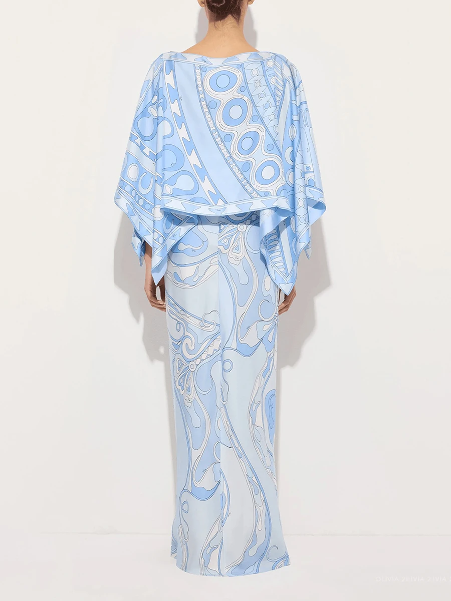 VGH Light Blue Abstract Print Two Piece Set for Women Bodycon Dress Suit with Boat Neck Loose Design Cape for Wedding Guest Gala view 2