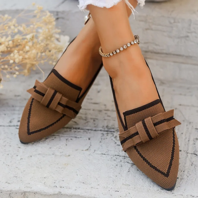 Women's Light Comfortable Loafers Bow Tie Ballet Flats Pointed Toe Soft Barefoot Knitted Multicolor Casual Ballerina Sneakers