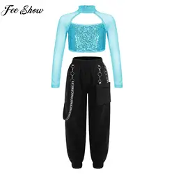 Children Girls Hip Hop Jazz Street Dance Costume Long Sleeve Shiny Sequin Cutout Crop Top with Chain Pants Performance Dancewear