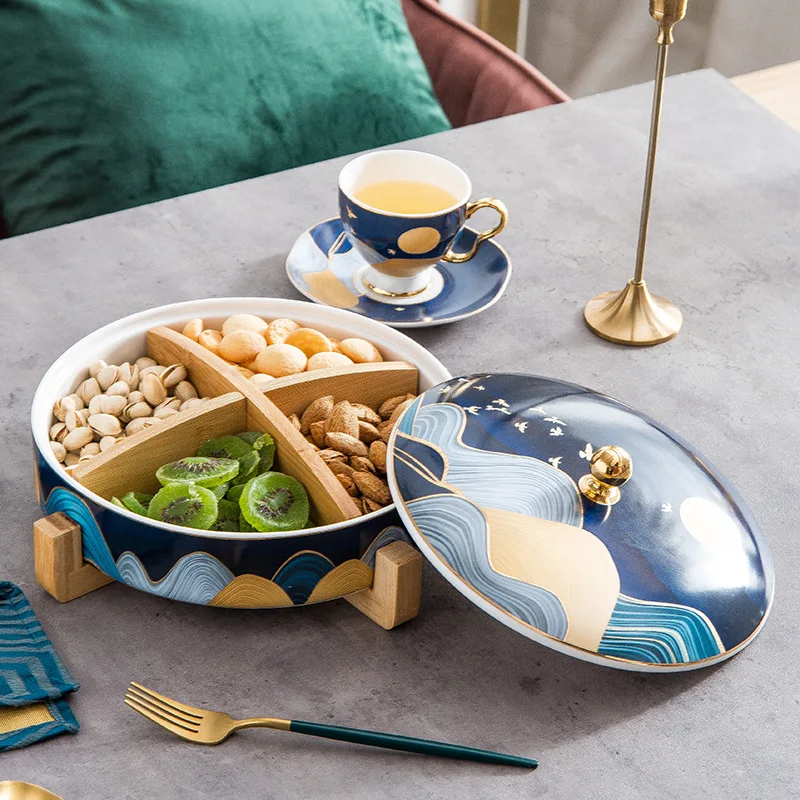 Nordic creative light luxury grid ceramic nut snack plate household living room coffee table candy snacks bone china storage box