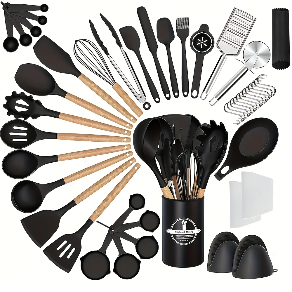 46pcs Non-Stick Silicone Cookware Set with Wooden Handle Kitchen Utensils Best for Baking, And Cooking