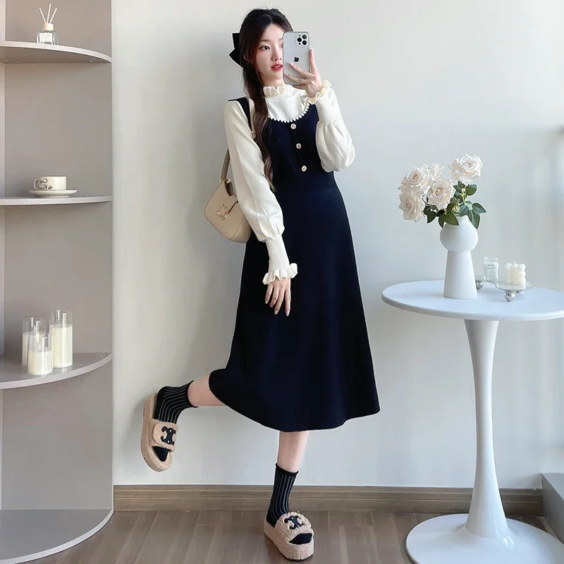 

Autumn Elegant Maternity Formal Dress Ruffled Turtleneck Block Color Patchwork Pregnant Woman Knit Dress Sweet Maternity Dresses