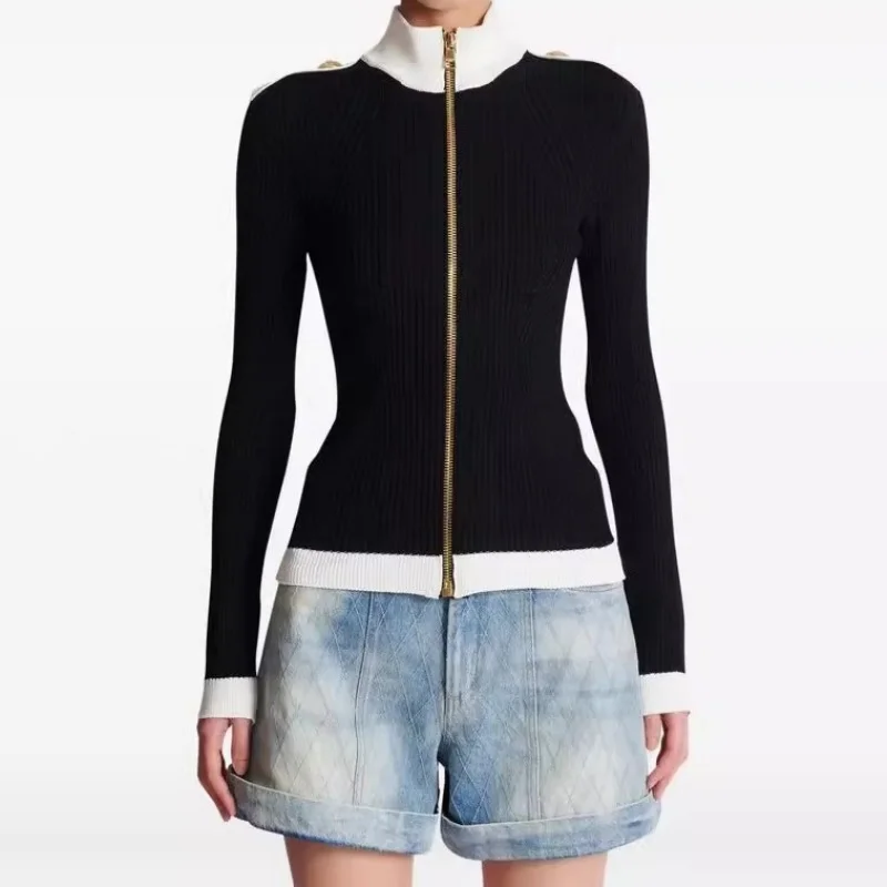 

Autumn new women's standing collar metal button decoration zipper cardigan y2k fashionable high street knitted sweater jacket