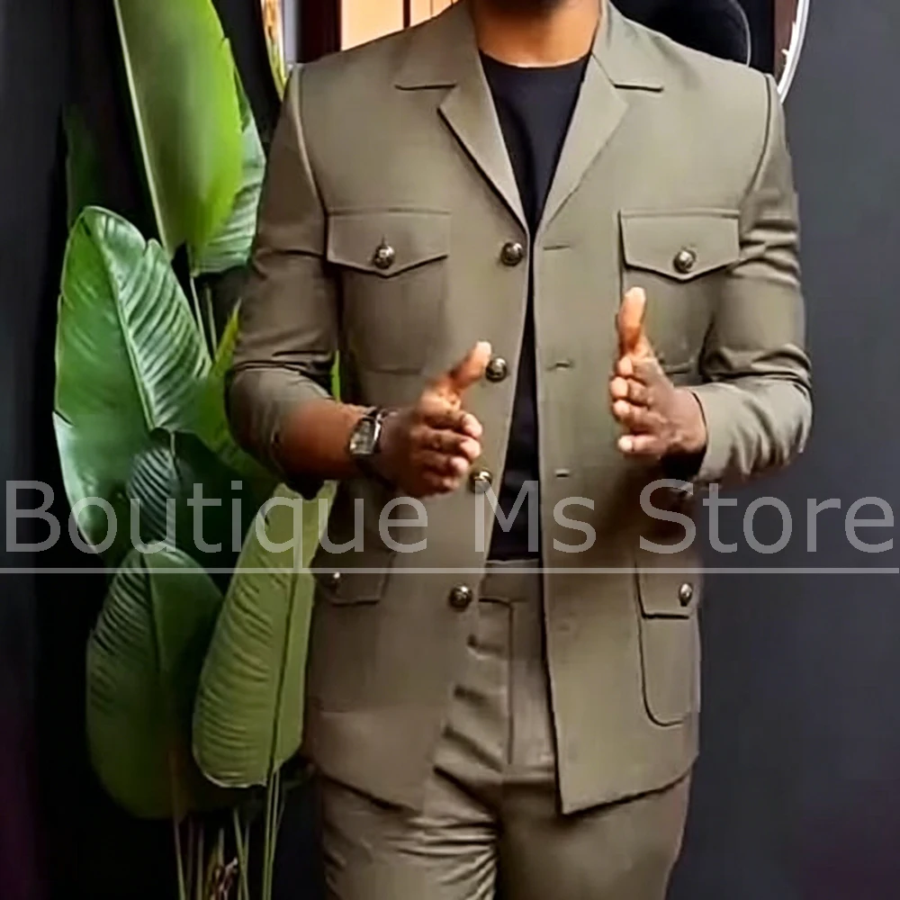 Men Safari Suit Two Piece Set Notch Lapel Single Breasted Blazer Pants Set For Men Casual Smart Office Wear Fashion Outfit