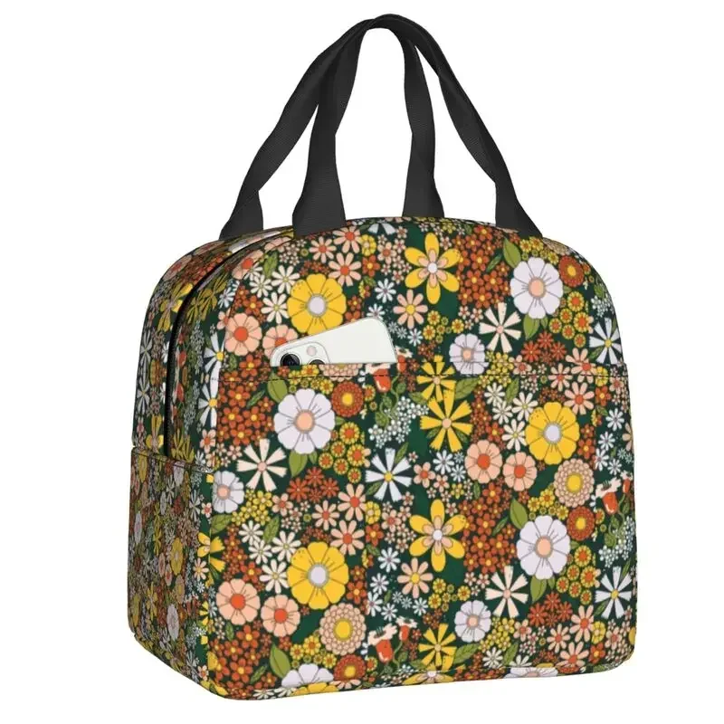 Retro 70s Green Hippie Flower Pattern Insulated Lunch Bag for School Office Leakproof Thermal Cooler Bento Box Women Children