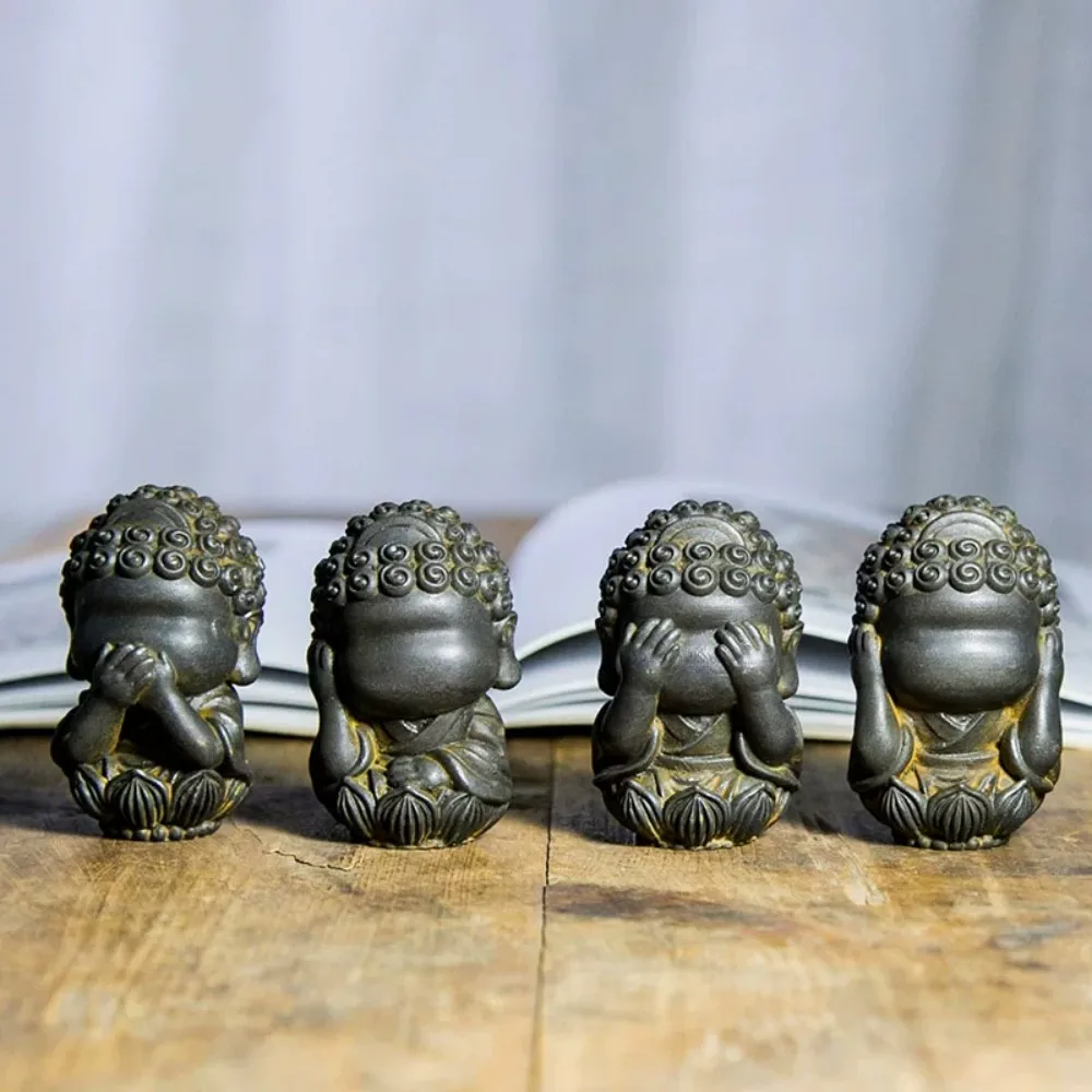 Four Faceless Baby Monks Statue Handmade Cast Iron Tea Table Decor Zen Cute Set