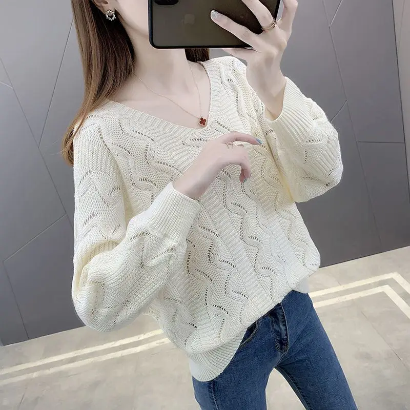 Damen Herbst Winter V-Ausschnitt Pullover aushöhlen solide Schraub faden Laterne Langarm Pullover gestrickt Unterhemd lässige Tops