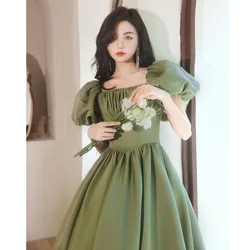 New Arrival Women Green Long A-Line Prom Dress Elegant Square Neck Puff Sleeve Evening Dress Party Ball Gown