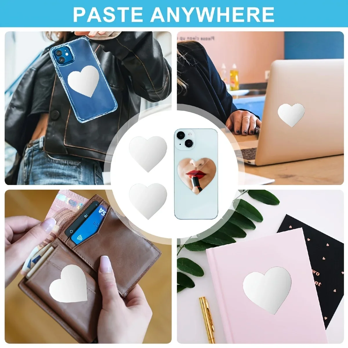 2pcs Phone Mirror Stickers,Makeup Mirror for Phone Back,Phone Charm,Acrylic Mirror Sticker,Heart-Shaped,Suitable for Phone Cases view 6