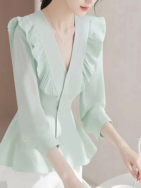 

Уникальная блузка с длинным рукавом и кружевной отделкой на талии для создания моложавого образа, универсальная, из полиэфирного волокна