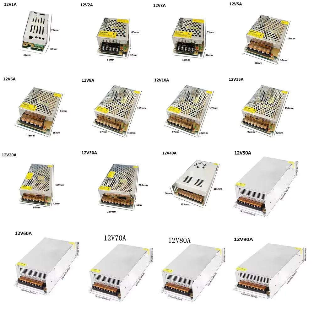 12V LED Power Supply 1A 2A 3A 5A 6A 8A 10A 15A 20A 30A 40A 60A 70A 80A 90A Switching Power Supply 220V to 12V Lighting Adapter