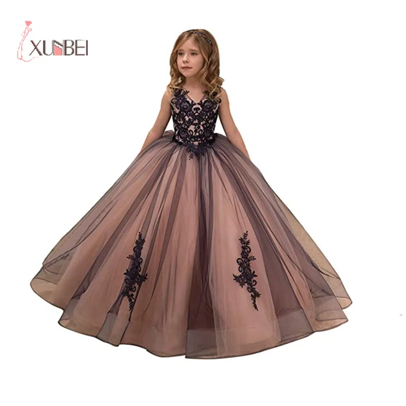 

Xunbei First Communion Dress Flower Girl For Wedding Black Princess Halloween Ball Gown Kids Lace Appliques Pageant Party Skirts