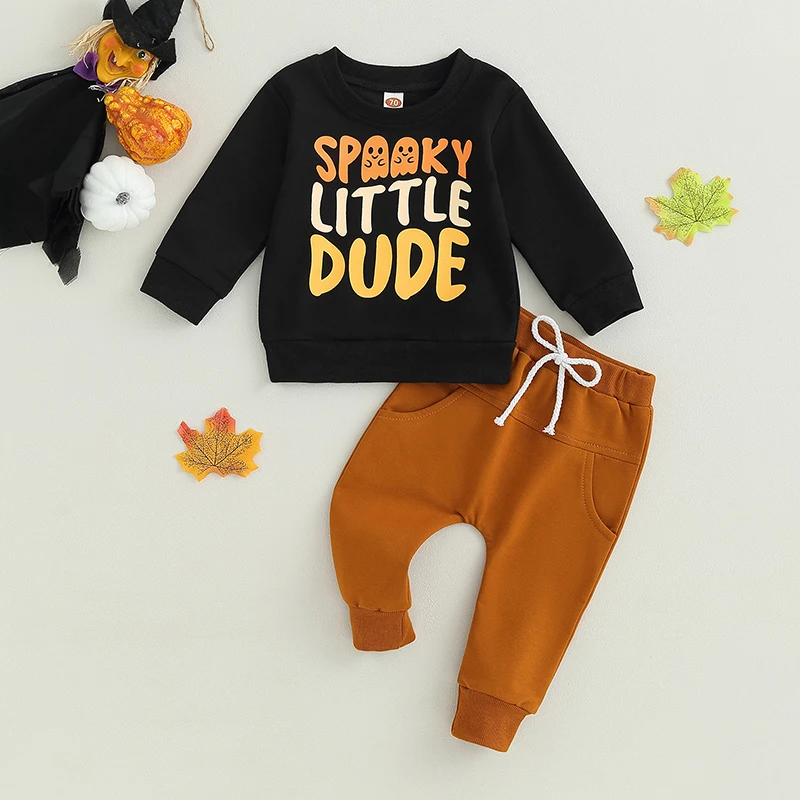 

2023-07-27 Lioraitiin 0-24M Newborn Baby Boy Fall Halloween Outfits Long Sleeve Ghost Letter Print Sweatshirt Tops Pants Set