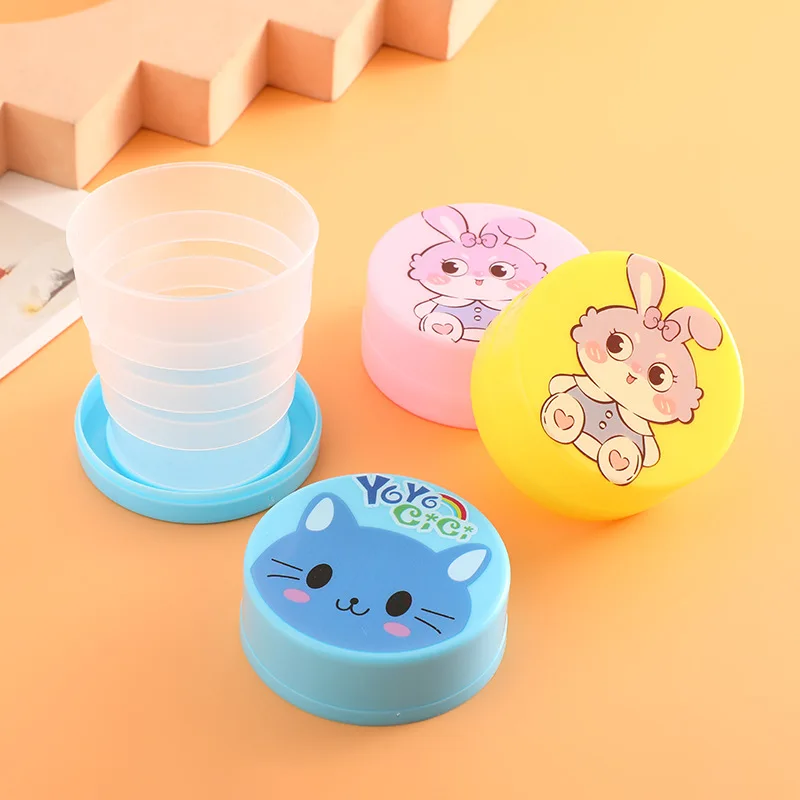 100ml Folding Cup With Lid Portable Reusable Plastic Water Cup Cartoon Collapsible Mouthwash Cup Travel Outdoor Drinking Cup