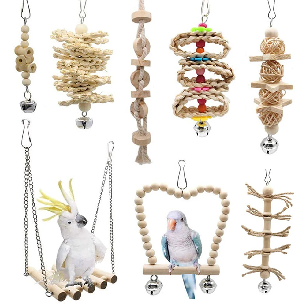 8pcs Parrot Bird Toys Set Wooden Swing Suspension Bridge Toy Chewing Toys will Bell Birds Cage Accessories Supplies