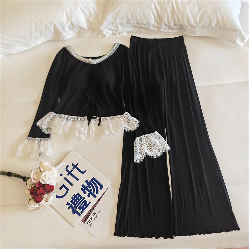 Princess Pajamas Set New Lace Modal Sleepwear Women Pijama Korean Elegant Home Clothing Sweet Chest Pad Long Sleeve Pant Suit