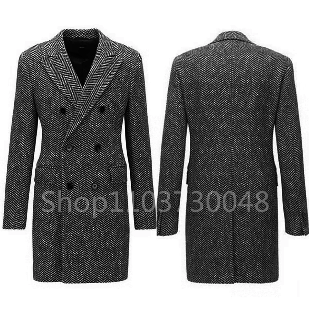 Men Herringbone Long Coat Dark Gray Herringbone Wool Blend Double Breasted Suit Jacket Business Overcoat Smart Casual Man Blazer