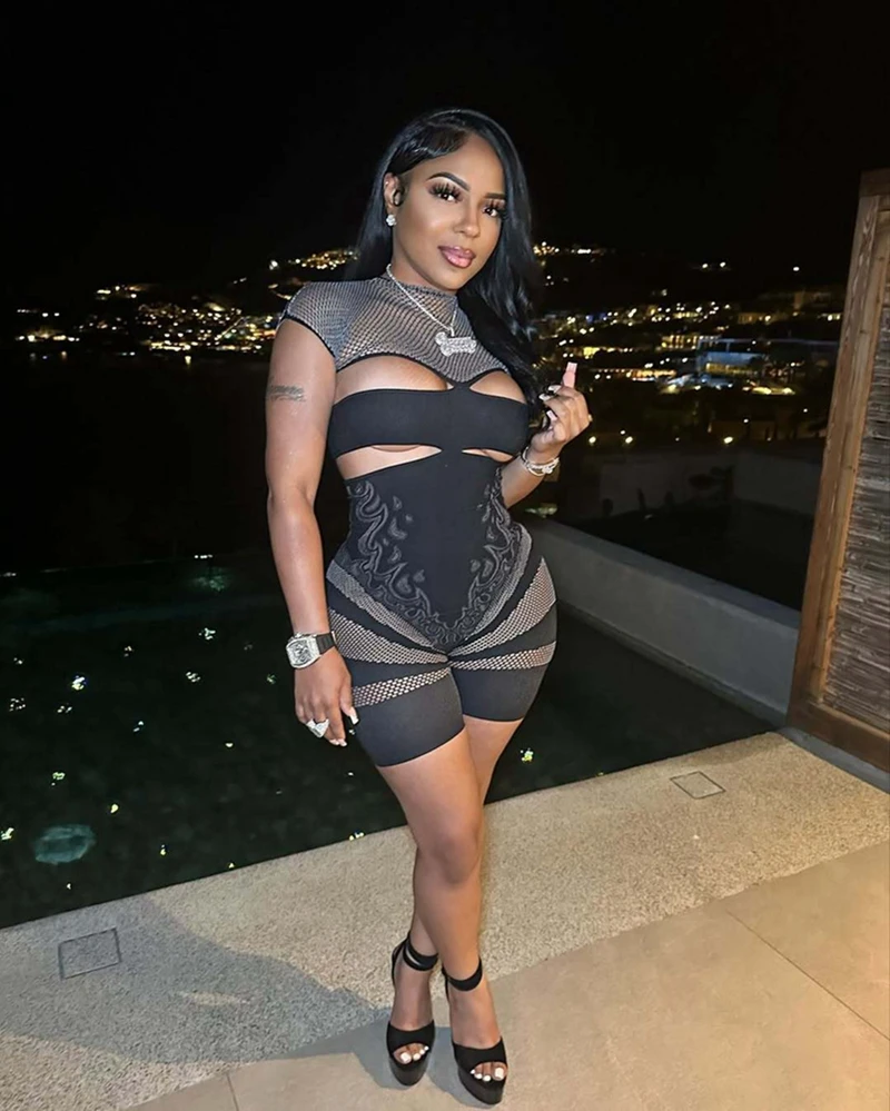 

СТИЛЬНЫЕ женские черные сетчатые ажурные комбинезоны, осень 2022, женские облегающие комбинезоны с короткими рукавами, сексуальные кружевные комбинезоны для ночного клуба, клубная одежда