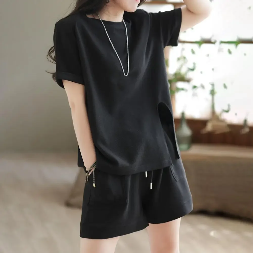 

Casual Summer Top and Shorts Set for Women Tracksuit Two-piece Suit Female Sports Short Sleeve Wide Leg Solid Color Outfits