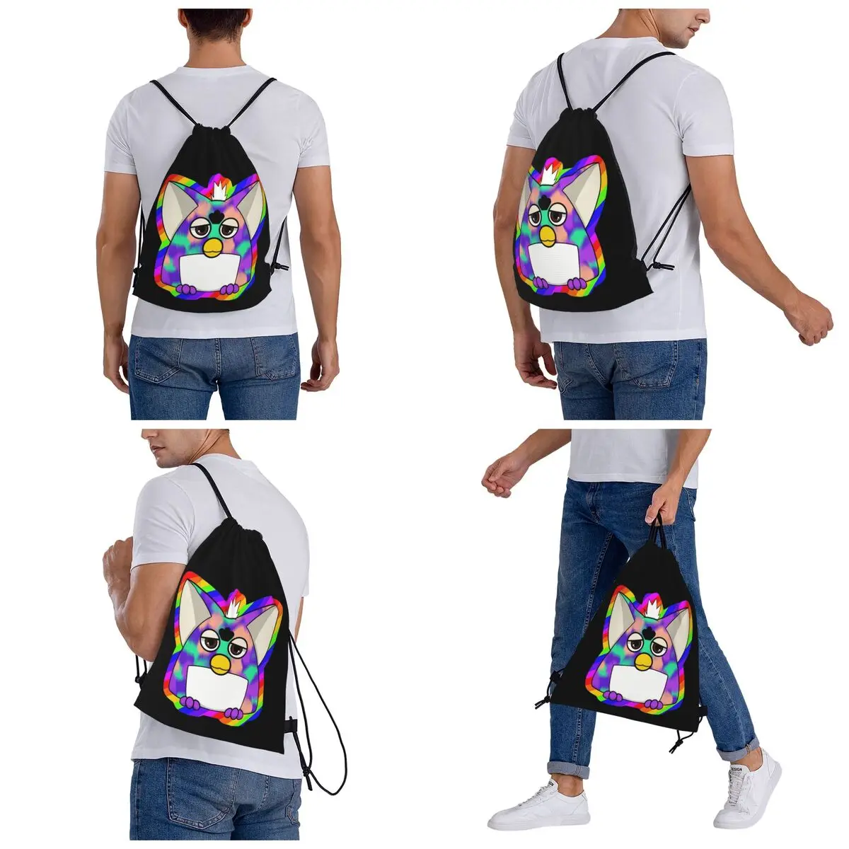 Gay Tye Dye Furby Relaxed Fit Rucksäcke, tragbare Kordelzug-Taschen, Kordelzug-Bündel, Tasche, Kleinigkeiten, Tasche, Büchertaschen für Mann und Frau