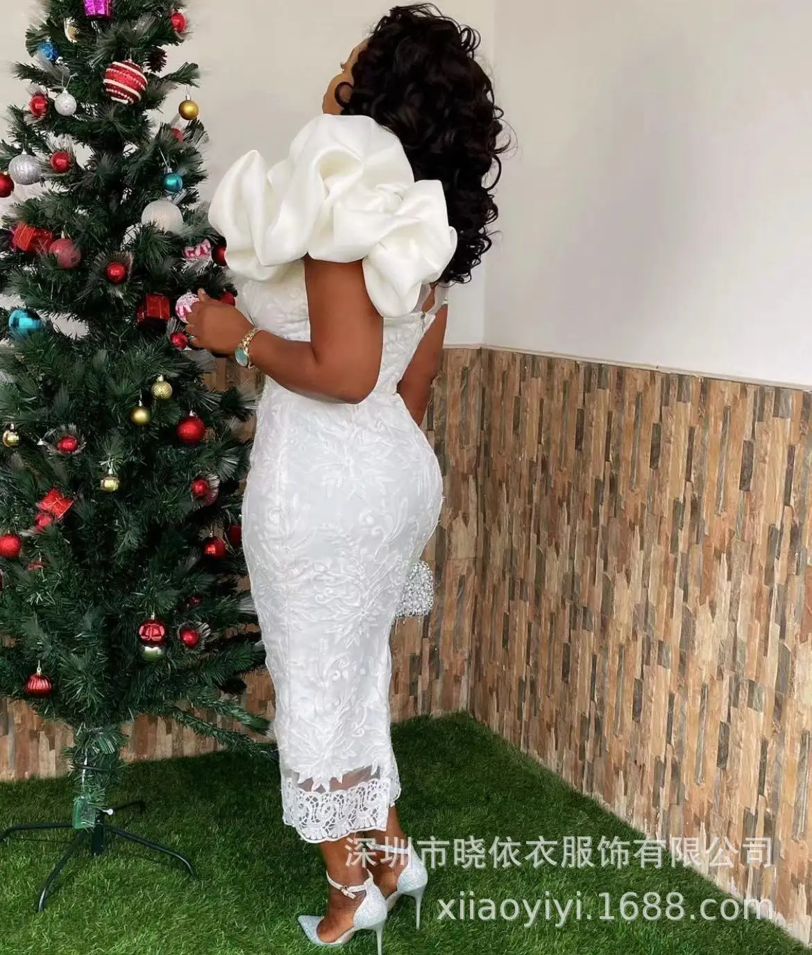 

Medium length skirt temperament commuting high waist lace split wrap chest bubble sleeve white dress