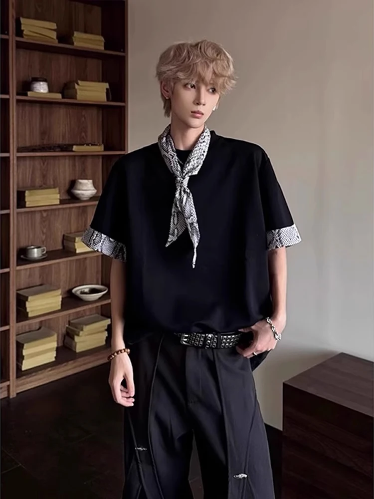 

Men's Summer T-shirt Shoulder Pads Short Sleeve Ribbon Cleanfit Design Sensation Half Sleeve Snake Skin Splicing Sleeve Pad