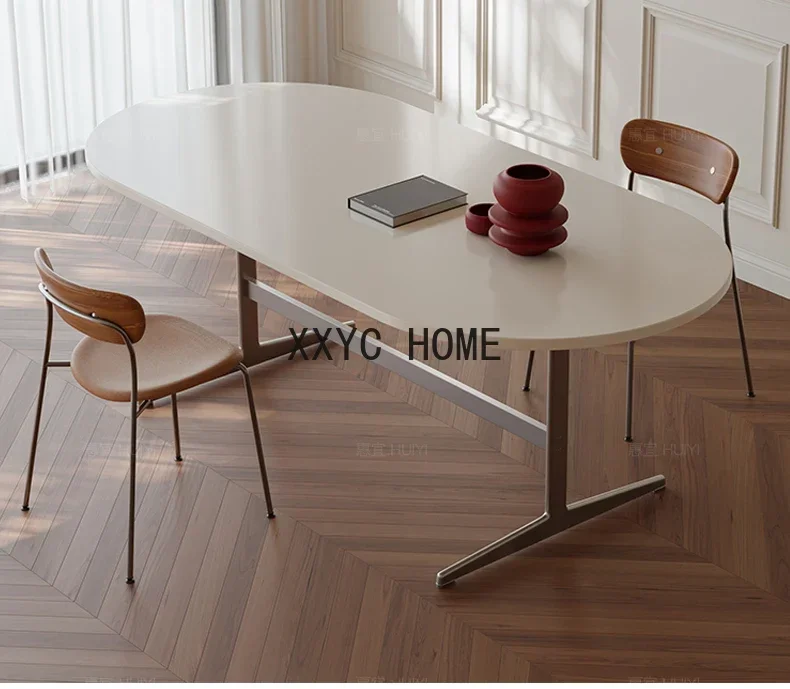 

White Solid Wood Dining Tables and Chairs Set Cream Style Oval Log Dining Table