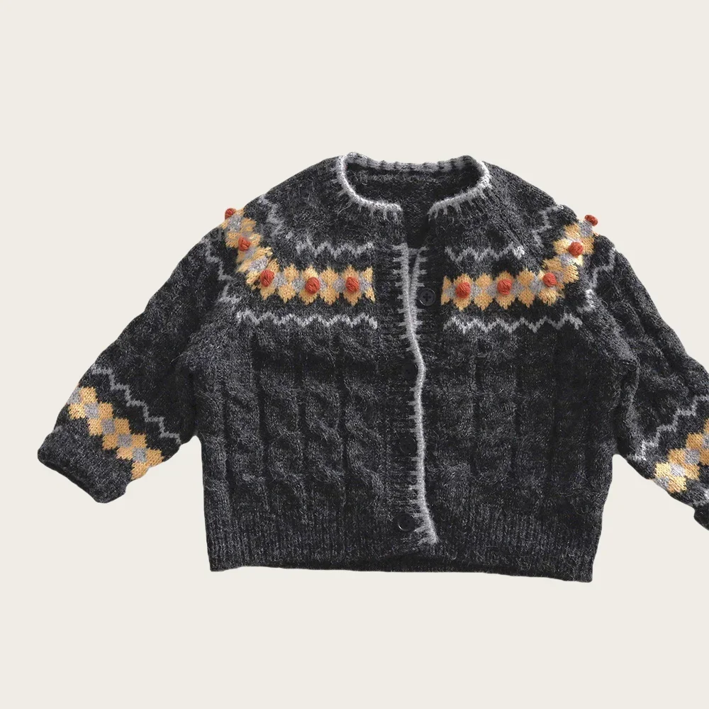 

1-6Y Baby Girls Color Block Knitted Cardigan Toddler Kids Boys Ethnic Pattern Pom Pom Detail Cable Knit Warm Autumn Winter Wear