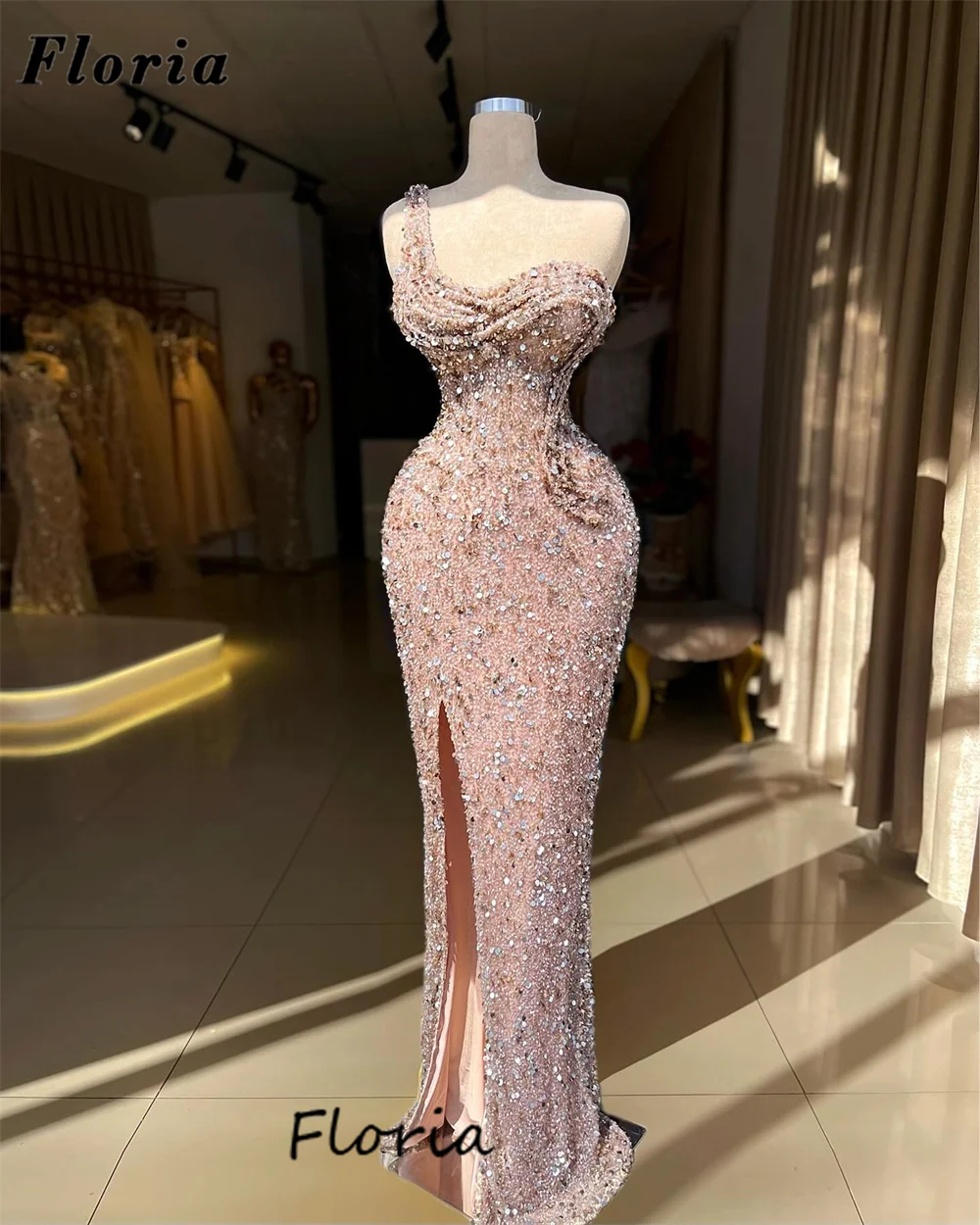 

Sparkly Sequins Evening Dresses With Slit Side Formal Dubai Beading Mermaid Wedding Party Gowns Robes De Soiree Women Prom Dress