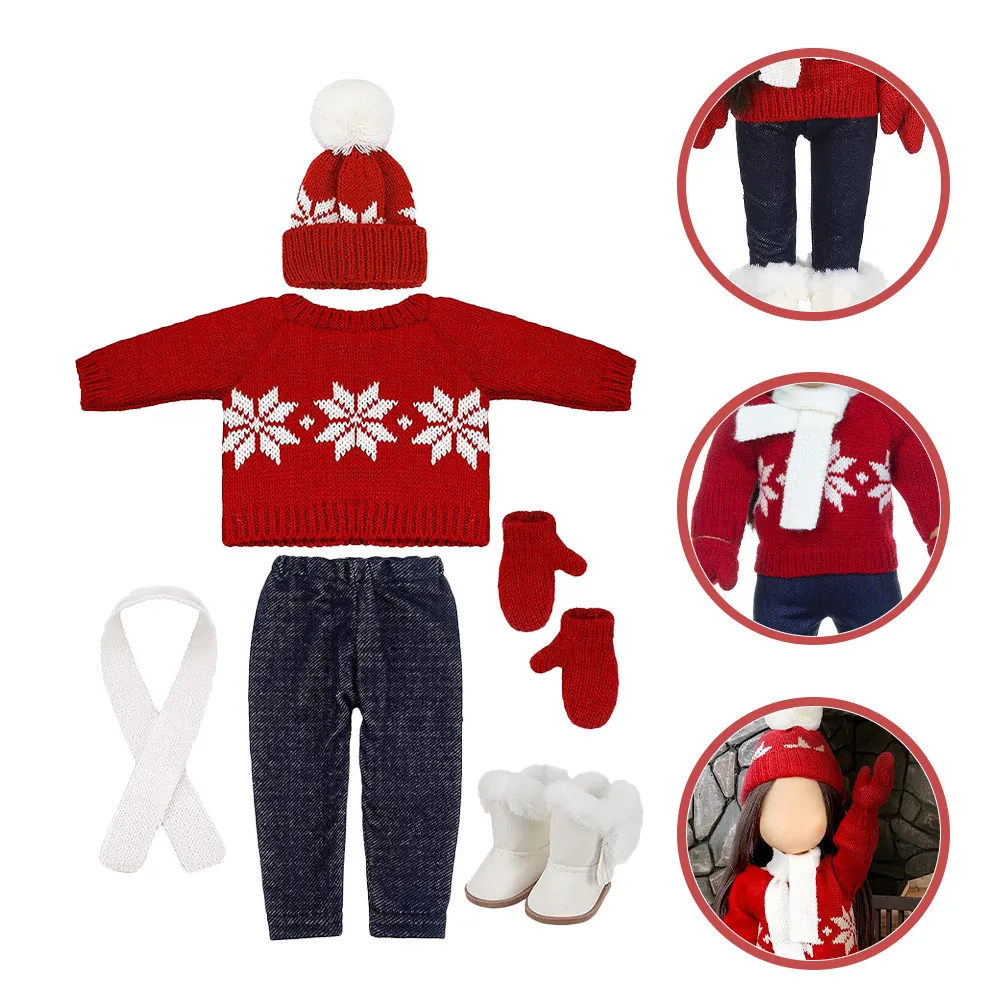 

1Set Mini Christmas Outfit Sweater Scarf Hat Gloves Pants Shoes Soft Cotton 18In Xmas Dress Up Clothes Holiday Party Accessory