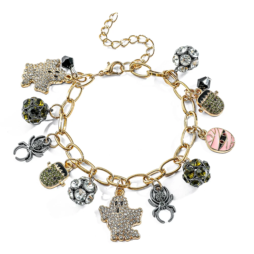 Halloween Character Bracelet, Gold Zinc Alloy Link Chain, Rhinestone Ghost Spider Mummy Enamel Dangles Crystal Bead Teen Gift