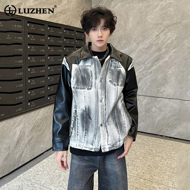 

LUZHEN Wornout Vintage Tie-dyed Design Splicing Leather Male Jacket Men's 2025 Autumn Personalized Street Zipper Clothes JY4128