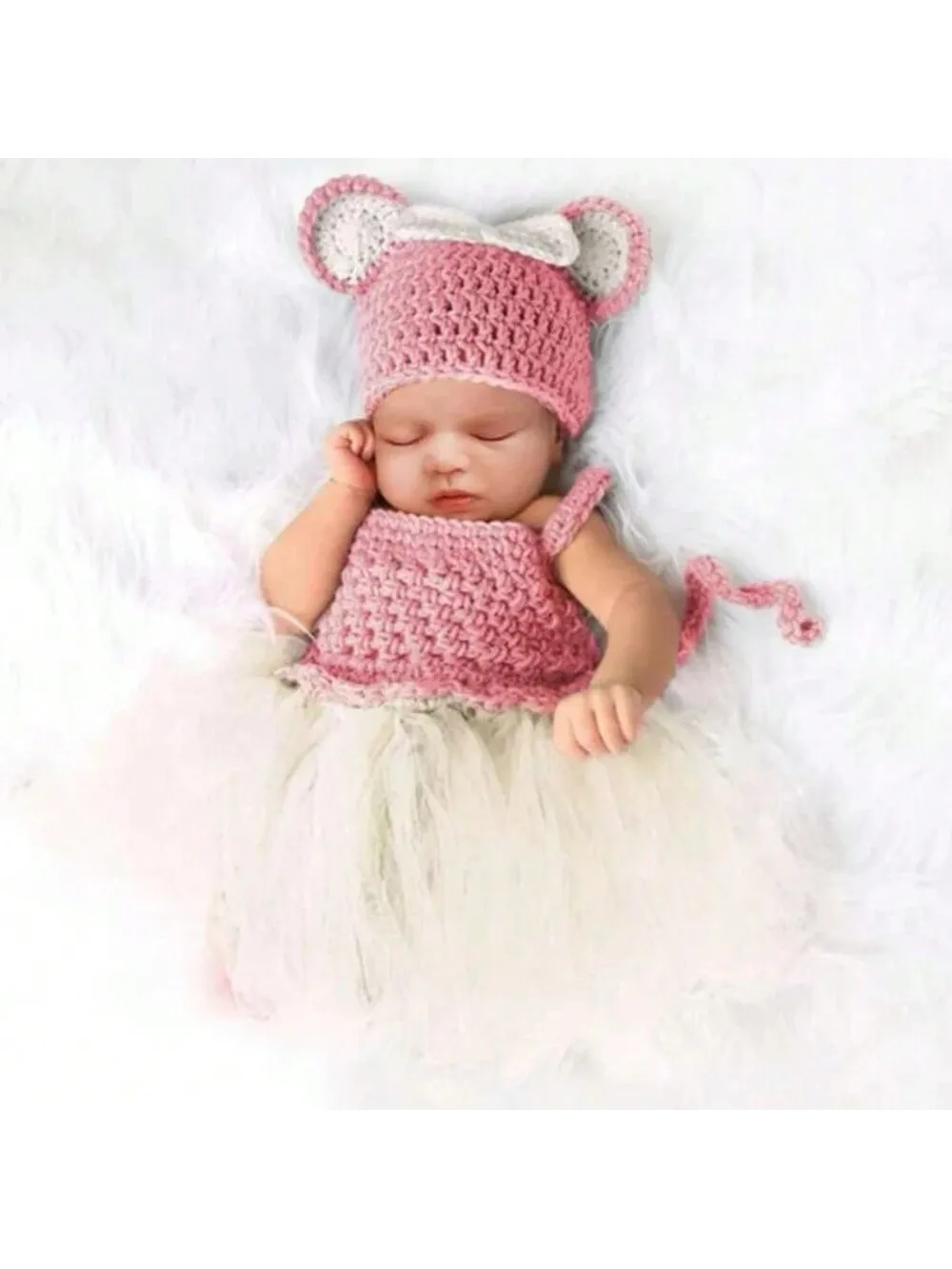 Newborn Photography Outfits Girl Tutu Dress Photo Prop Lace Mesh Splicing Cable Knit Rabbit Hat Romper Infant Photoshoot Clothes