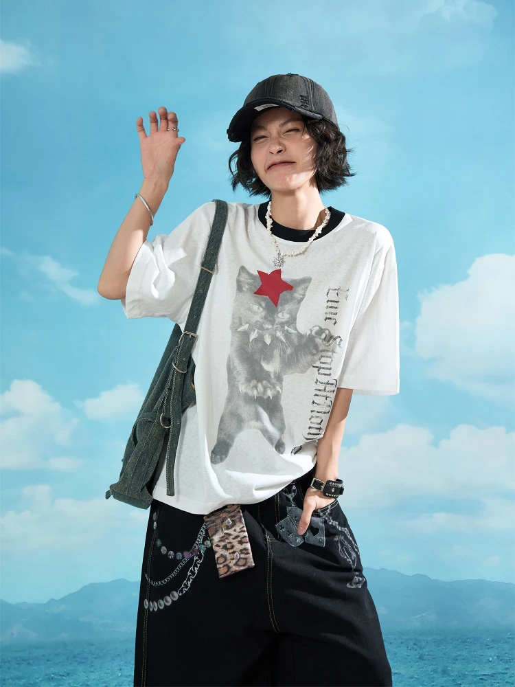 Damon Island American High Street プリント オルト スヴェ T シャツ ex Qui ドライ クール フィーリング サマー トップ カップル用