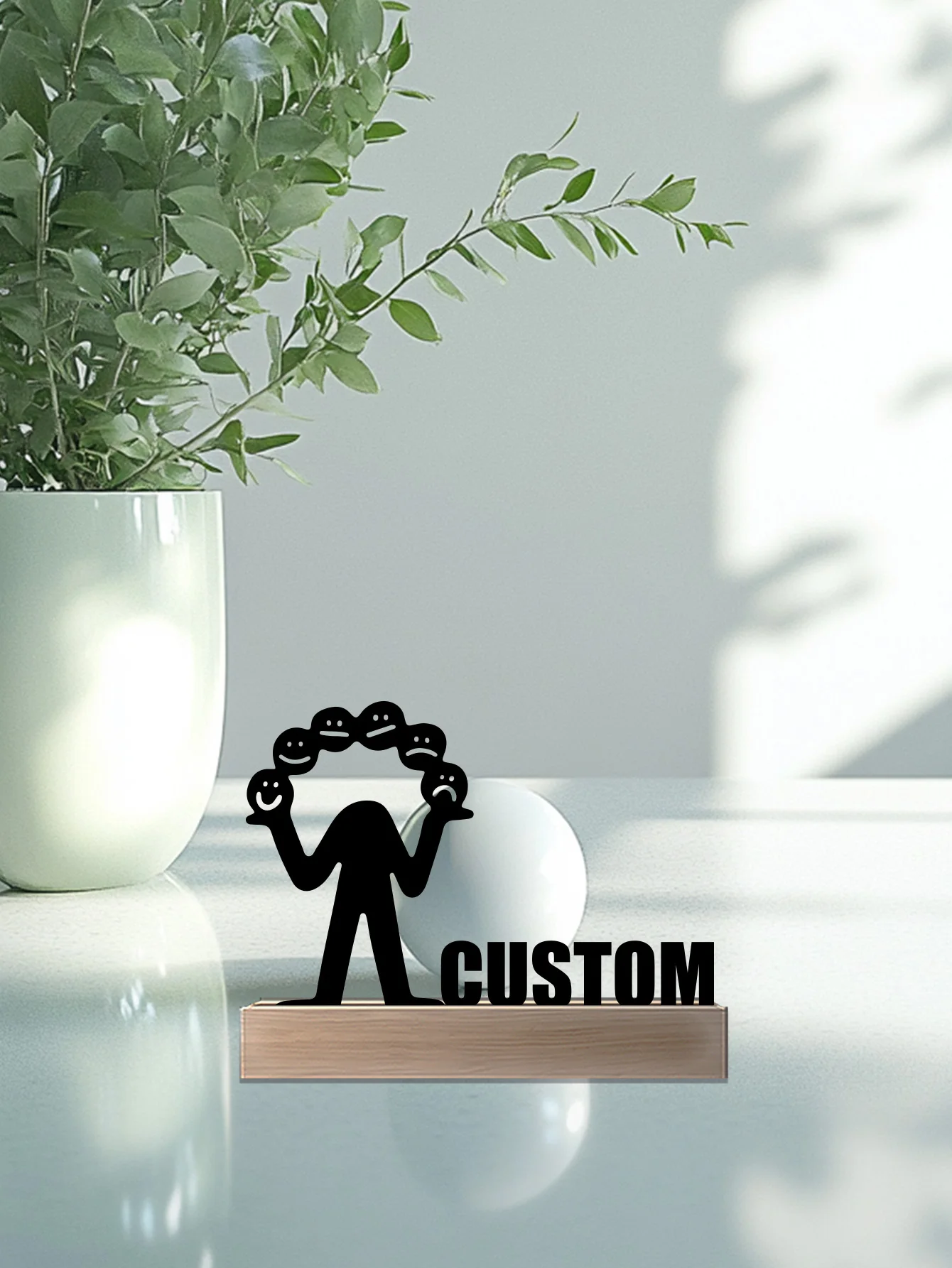 1pc Simple face Custom Name Metal Statue Metal Ornament With Wood Base Tin Sculpture Art Crafts With Wood Base