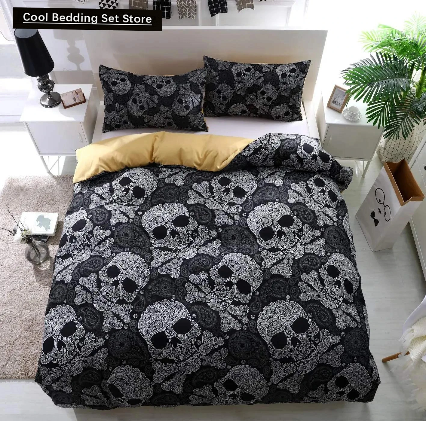 Skull Duvet Cover Set Black and White Floral Skull Skeleton Bedding Set Microfiber Twin/Full/Queen/King Size Quilt Cover 3 Piece