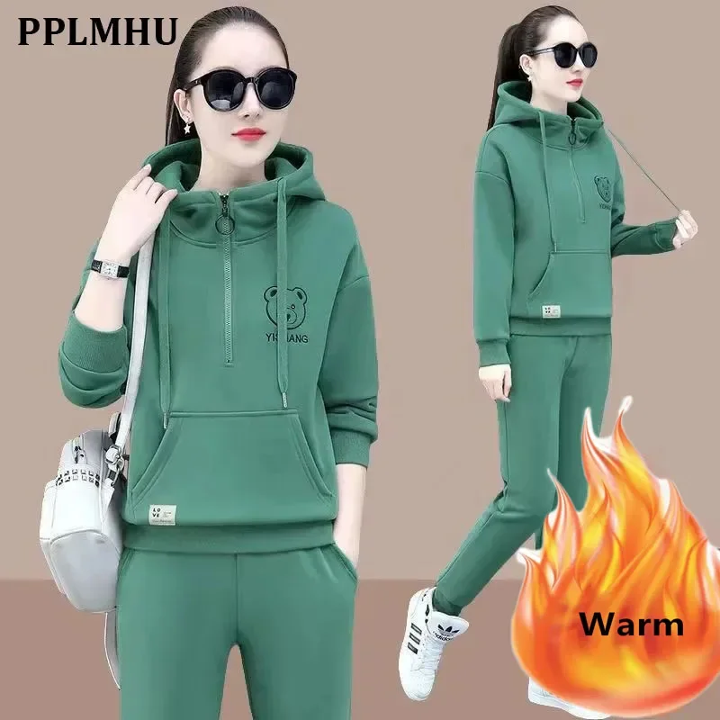 Korean Hooded Sweatshirt Pantsuit Autumn Winter Plus Velvet Thick Casual Tracksuit Women Outfits Jogging Sportswear 2 Piece Set