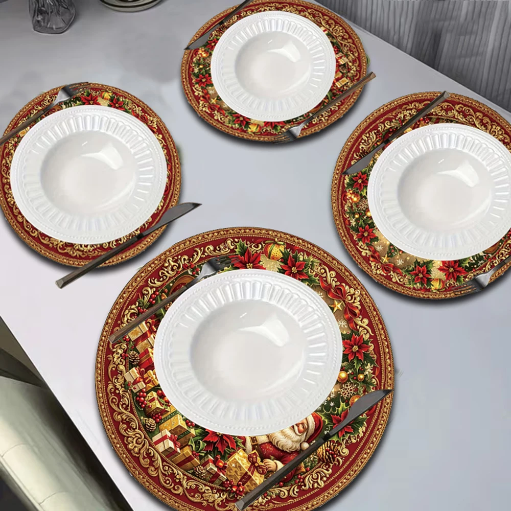 Vintage Santa Claus Christmas Tree Placemat Holly Berry Reindeer Snowflake Table Mat For Christmas Holiday Dinner Table Decor