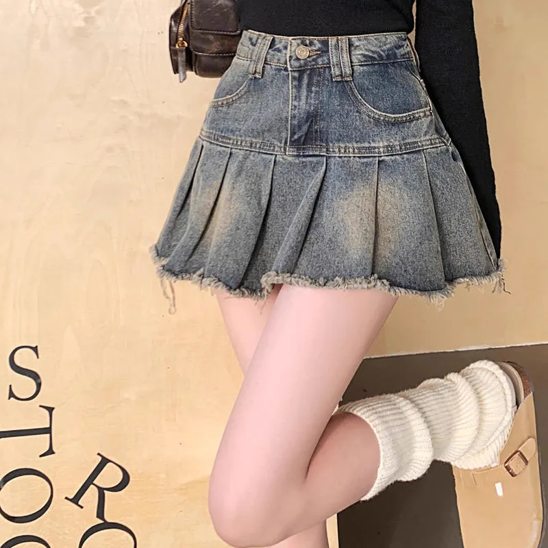 Vintage Raw Edge Denim Skirt Women 2025 New Fashion Streetwear Spliced Pleated Skirts Woman Korean Style High Waisted Mini Skirt