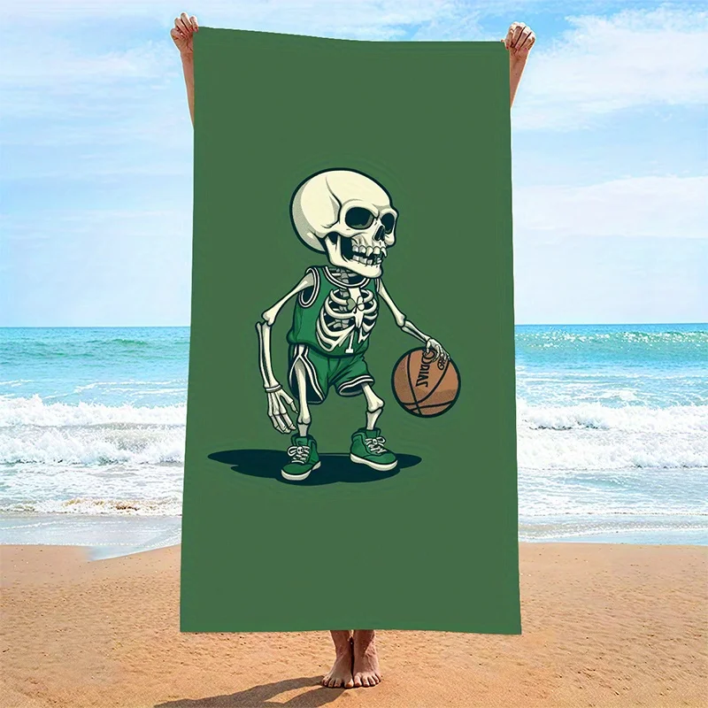 Beach Towel Cartoon Skull Playing Basketball Pattern Sun Protection Windproof Suitable For Swimming Pool Camping Travel Blanket
