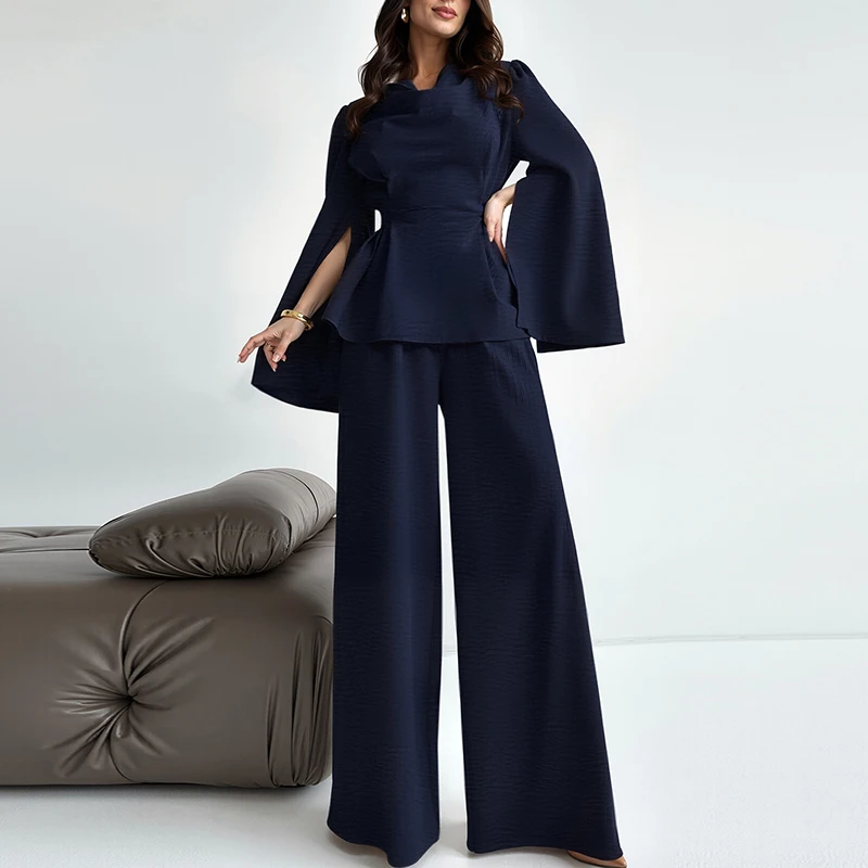 エレガントな通勤用ハイウエストスーツ、セクシーなVネックトップスとロングパンツのセットアップ、レディースファッション、ドレープ加工の無地2ピースセット、上品なセット