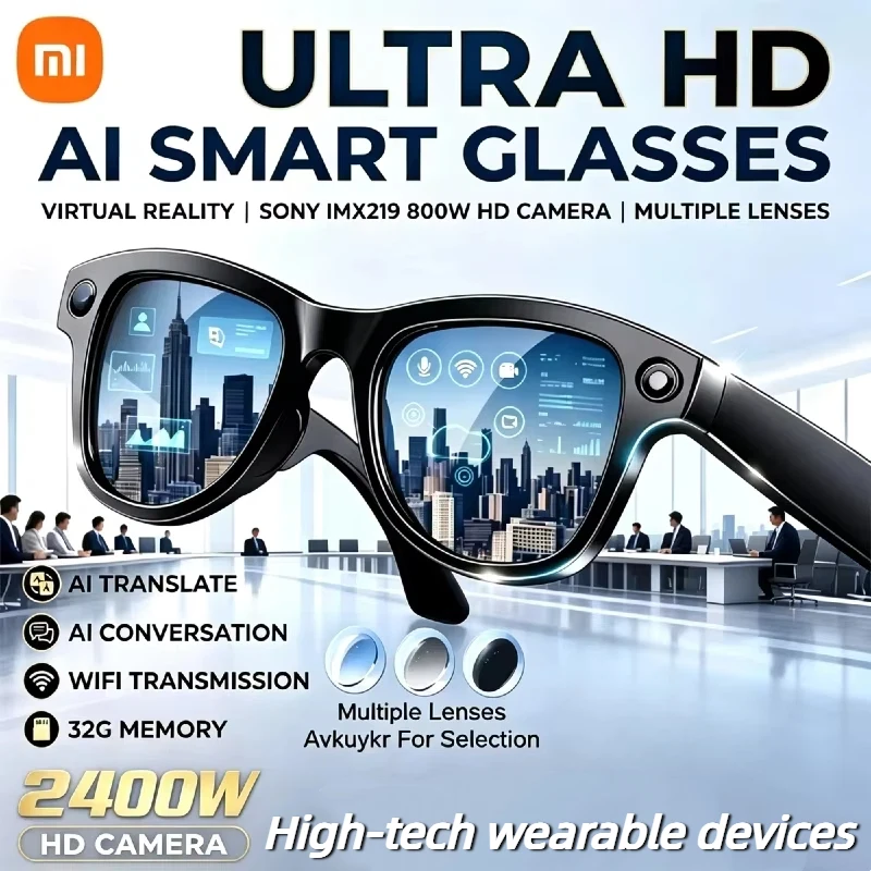 Óculos Inteligentes Xiaomi com Câmera de Vídeo HD 1080P, Chamada Bluetooth ChatGPT, 32GB ROM, Tradução de Idiomas, Música e Óculos de Sol Masculinos