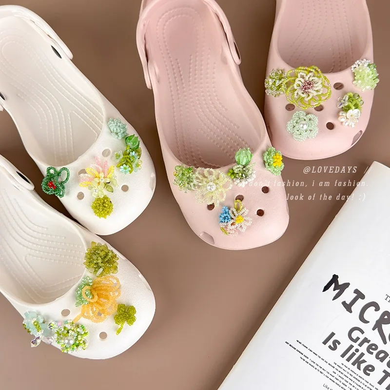 Shoe Charms Handmade Beaded Floral Crystal Green Detachable Clog Decorations Premium Durable Versatile Casual Use