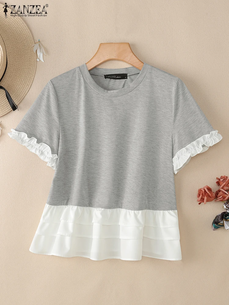 ZANZEA-camisetas elegantes a la moda para mujer, camisetas informales de verano con cuello redondo y manga corta con volantes, dobladillo en capas, camisetas de retazos de colores contrastantes