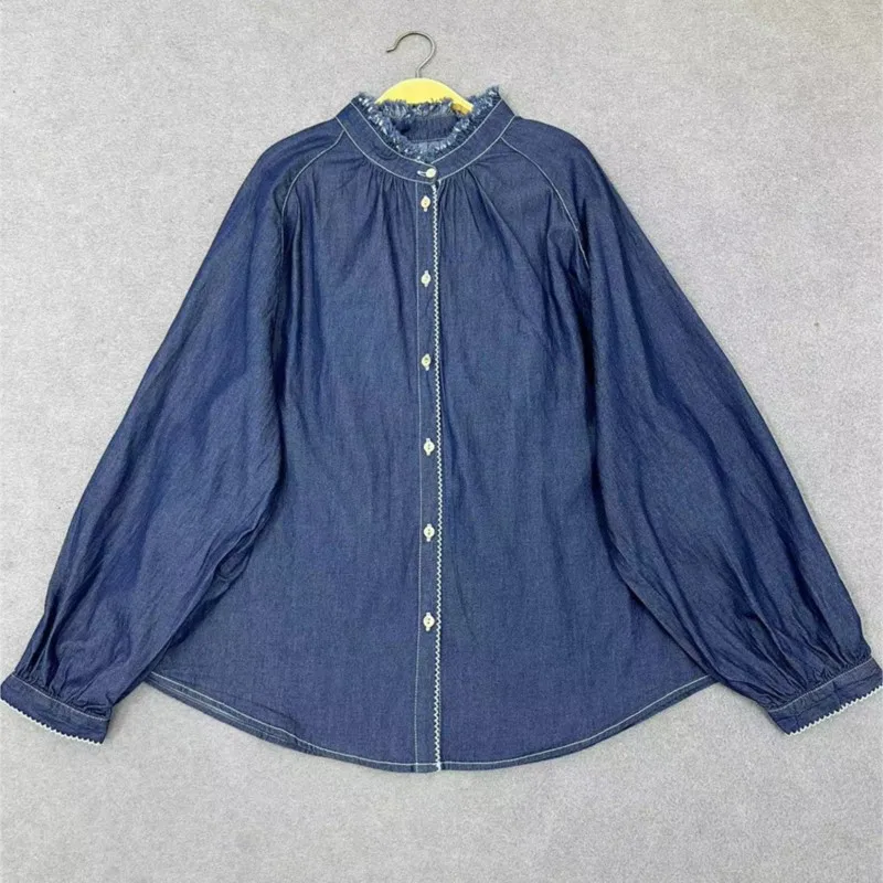 Johnature Fall 2024 New Casual Lace Denim Shirts Ruffles Collar Loose Simple Vintage Denim Thin Shirts