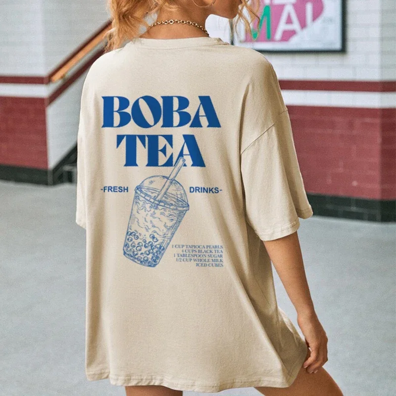 Women Retro Aesthetic Back Print Boba Tea T-Shirt Cute Bubble Tea Graphic Tees Foodie T Shirt Unisex Loose Vintage Fashion Tops