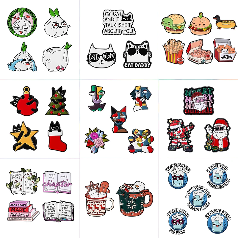2-6Pcs/Set Creative Abstract Geometric Artwork Enamel Pins Christmas Tree And Black Cat Santa Claus Magic Castle Brooches Badge